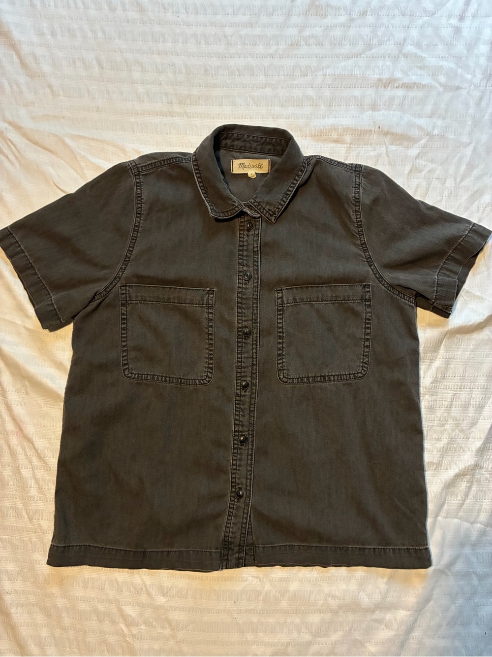 Madewell Black Washed Denim Short Sleeve Button Down Shirt Pocket Size S